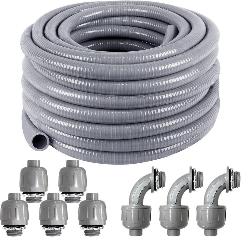 Ansgery Liquid-Tight Conduit 50 ft and 8 Pieces of Connector Kit,Electrical Conduit 1/2 Flexible Non Metallic Conduit UL Certification,Flexible Conduit with 5 Straight and 3 Degree Conduit Connector Fittings - Image 1